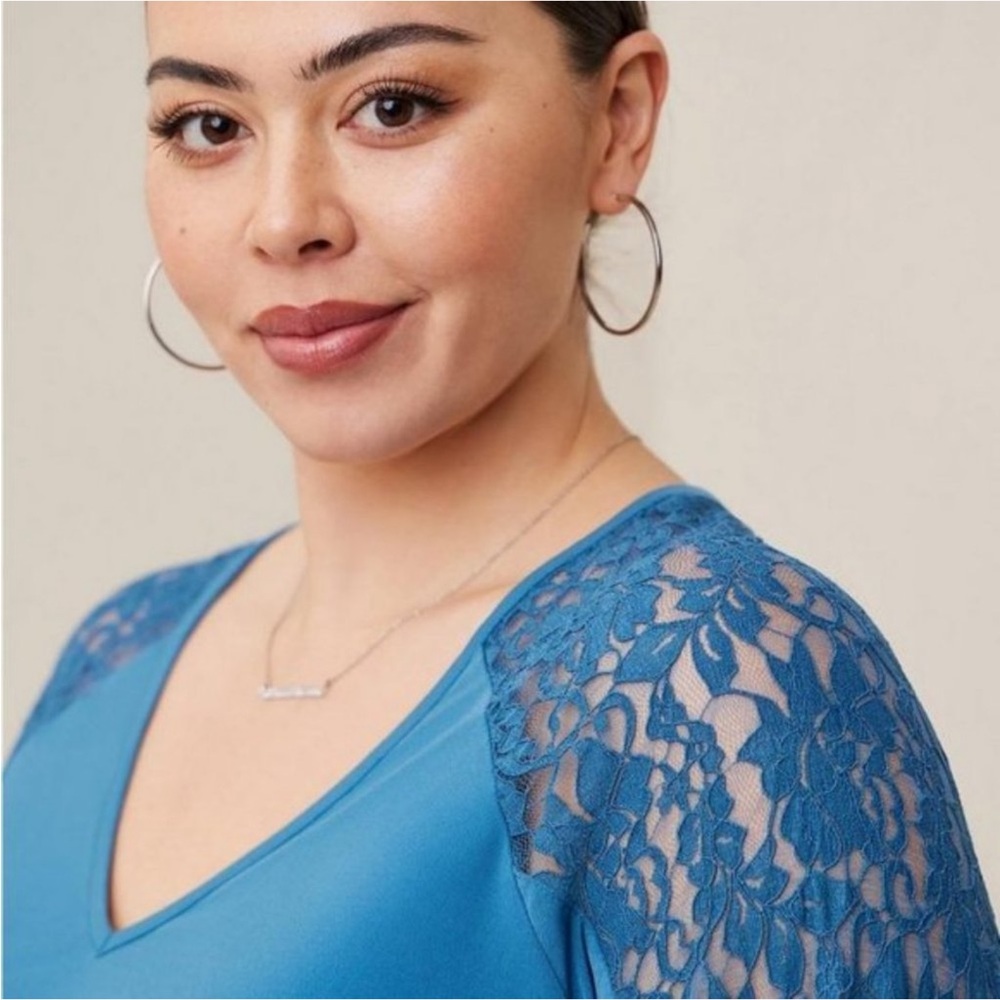 Torrid NWT Studio Knit Lace Shoulder Top Long Sleeve Midnight Teal 0 / L / 12 - Picture 16 of 16